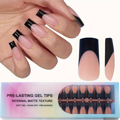 150 Pcs French Tip Square Press-On Nails Set, Long Matte Black & Nude Pre-Designed Gel Nails, Durable & Easy DIY Nail Kit for Women - 15 Sizes