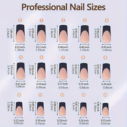 150 Pcs French Tip Square Press-On Nails Set, Long Matte Black & Nude Pre-Designed Gel Nails, Durable & Easy DIY Nail Kit for Women - 15 Sizes